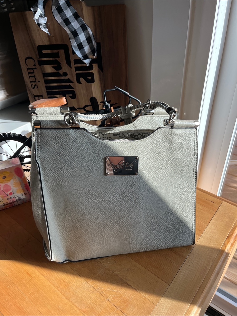 Light Gray Structured Satchel Handbag with Silver Hardware